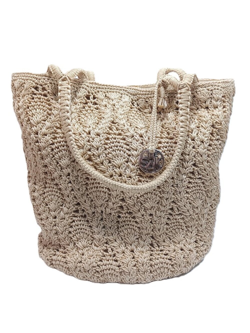 The Sak Hand Crochet Tan Shoulder Bag Double Strap 10"x12"x9" with 9" drop